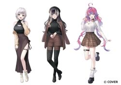  3girls :d ahoge beret black_boots black_collar black_hair black_hat black_pantyhose black_shoes black_sweater blue_eyes blunt_bangs boots braid braided_ponytail breasts brown_jacket brown_shorts brown_skirt center-flap_bangs cleavage_cutout clothing_cutout collar commentary_request crossed_ankles frilled_thigh_strap glasses gradient_hair green_eyes grey_hair hair_intakes hand_up hat heart heart_o-ring high_heel_boots high_heels hime_cut hololive hololive_dev_is jacket jacket_on_shoulders jewelry juufuutei_raden kikirara_vivi large_breasts long_hair long_sleeves looking_at_viewer loose_socks low_side_ponytail low_twintails medium_breasts medium_hair miniskirt multicolored_hair multiple_girls necklace nima_(niru54) o-ring o-ring_thigh_strap off_shoulder official_art open_mouth pantyhose pink_hair plaid_clothes plaid_jacket plaid_shorts platform_shoes pleated_skirt purple_hair ribbed_sweater shirogane_noel shirt shoes short_shorts shorts side_ponytail sidelocks single-shoulder_shirt skirt sleeveless sleeveless_sweater smile socks standing standing_on_one_leg star-shaped_pupils star_(symbol) straight_hair sweater symbol-shaped_pupils thigh_boots thigh_strap turtleneck turtleneck_sweater twintails two-tone_hair very_long_hair virtual_youtuber white_boots white_shirt white_socks 