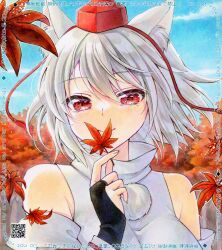  1girl adversarial_noise alto2019 animal_ear_fluff animal_ears autumn_leaves blue_sky blush breasts bridal_gauntlets closed_mouth clouds commentary_request day detached_sleeves grey_hair hat inubashiri_momiji large_breasts leaf looking_at_viewer maple_leaf marker_(medium) pom_pom_(clothes) qr_code red_eyes red_hat ribbon-trimmed_sleeves ribbon_trim shirt short_hair sky sleeveless sleeveless_shirt smile solo tokin_hat touhou traditional_media upper_body white_shirt wolf_ears wolf_girl 
