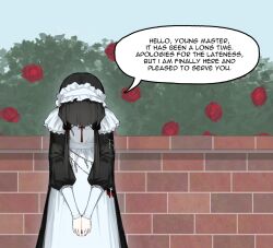 1girl apron black_dress black_hair blue_background bowing brick_wall bush dress english_text facing_viewer flower highres long_dress long_hair long_sidelocks long_sleeves maid maid_apron maid_headdress original own_hands_together red_flower red_rose rose rose_bush sidelocks solo speech_bubble tsu_(lovesick1964) white_apron white_headdress 