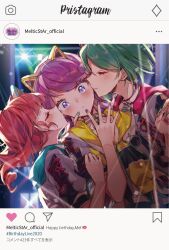  3girls akagi_anna animal_ears blue_eyes cat_ears choker closed_eyes closed_mouth commentary_request cross-laced_clothes cross-laced_sleeves double_cheek_kiss fake_animal_ears fake_screenshot green_hair green_nails hand_on_another's_cheek hand_on_another's_face hand_on_another's_hand hand_up highres hood hood_down hooded_jacket instagram jacket kiratto_pri_chan kiss kissing_cheek medium_hair midorikawa_sara multiple_girls nail_polish pretty_series purple_hair purple_nails red_hair shido_mel short_hair white_choker white_jacket yuri yuunagi_komo 