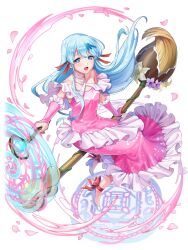  1girl aoi_lily artist_request blue_eyes blue_hair broom broom_riding dress high_heels highres holding holding_wand kabushikigaisha_magi-lumiere long_hair looking_at_viewer official_art open_mouth pink_dress sitting solo wand white_background 