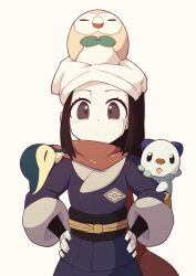  1girl absurdres afuron akari_(pokemon) black_sash black_shirt closed_mouth cyndaquil eyelashes hands_on_own_hips headscarf highres jacket oshawott pokemon pokemon_(creature) pokemon_legends:_arceus pokemon_on_arm red_scarf rowlet sash scarf shirt sidelocks simple_background skirt white_background 