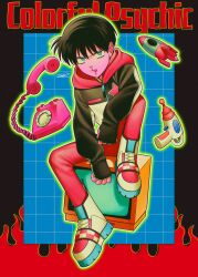  antique_phone between_legs black_hair black_hoodie blood blue_eyes boots checkered_shoes colored_skin colorful_psychic commentary_request corded_phone crt elbow_on_knee energy_gun fingerless_sleeves flame_print hand_between_own_legs highres hood hoodie leg_up long_sleeves looking_at_viewer menma_(enaic31) nosebleed original pants phone pink_skin platform_boots ray_gun red_pants rocket_ship rotary_phone short_hair signature sitting spacecraft star_(symbol) suguru_(enaic31) television two-tone_hoodie weapon white_hoodie zipper 