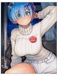  1girl arm_behind_head badge blue_eyes blue_hair border breasts button_badge chair city city_lights cityscape closed_mouth curtains hair_between_eyes hair_ornament hairclip highres large_breasts long_sleeves maid_headdress night omar_dogan on_chair re:zero_kara_hajimeru_isekai_seikatsu rem_(re:zero) scan short_hair shorts sitting solo sugoi_dekai sweater traditional_media turtleneck turtleneck_sweater white_border white_shorts white_sweater window 