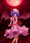  bat_wings blood blue_hair bow c.z. dress full_moon hat highres moon petals red_eyes red_moon remilia_scarlet ribbon solo touhou wings wrist_cuffs wristband 