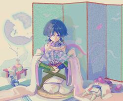  1boy 26qbl armor bare_tree black_hair black_sash blunt_ends character_doll chokutou choppy_bangs clenched_hand closed_mouth commentary doll expressionless folding_fan full_body genshin_impact hair_intakes hand_fan hand_up highres holding holding_fan indoors japanese_armor japanese_clothes kariginu kote lavender_melon_(genshin_impact) layered_sleeves long_sleeves looking_at_viewer male_focus mandarin_collar pants pelvic_curtain plant potted_plant purple_sleeves sash scaramouche_(genshin_impact) scaramouche_(kabukimono)_(genshin_impact) seiza shadow shoulder_peek sitting solo split_mouth straight-on string sword table tree tsurime untranslatable_commentary violet_eyes weapon white_pants white_sleeves wide_sleeves wolf_cut 
