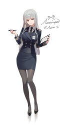  1girl absurdres black_necktie black_pantyhose blouse buttons clipboard commentary cyrillic double-breasted english_commentary grey_eyes high_heels highres hime_cut holding holding_clipboard holding_pen id_card jacket leningrad_(ryan_greythorn) long_hair looking_at_viewer mecha_musume military_uniform necktie original pantyhose pen pencil personification polished_shoes russian_text ryan_greythorn shiny_footwear shirt simple_background smile solo straight_hair suit_jacket translated white_background white_hair white_shirt 