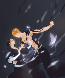  1boy 1girl black_hair black_hakama bleach blue_eyes bug butterfly detached_sleeves hakama hetero highres holding japanese_clothes kuchiki_rukia kurosaki_ichigo medium_hair melonzkurvz orange_eyes orange_hair shihakusho torn_clothes 