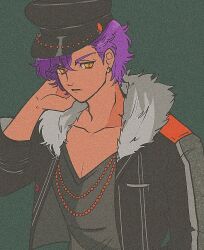  1boy arm_up black_hat black_jacket closed_mouth collarbone earrings ensemble_stars! film_grain frown fur-trimmed_jacket fur_trim grey_background grey_shirt hat heavy_film_grain jacket jewelry looking_to_the_side male_focus multiple_necklaces necklace orange_eyes otogari_adonis piercing pikurusu purple_hair shirt short_hair sideways_glance simple_background solo upper_body v-neck very_short_hair 