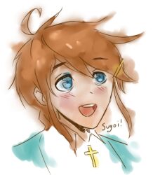  1girl ahoge blue_eyes blush braid braided_ponytail brown_hair chaby36 christ-chan christianity collar cross cross_necklace dress green_dress hair_ornament hairclip jewelry looking_ahead lowres necklace open_mouth original raised_eyebrows speech_bubble teeth upper_body upper_teeth_only 