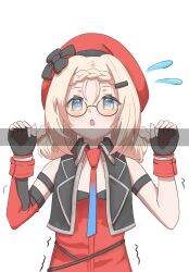  1girl :o absurdres bare_shoulders beret black_gloves black_vest blonde_hair blue_eyes blush braid commentary_request cropped_vest double_bun fingerless_gloves girls'_frontline_2:_exilium girls_frontline gloves hair_bun hands_up hat highres kuronukkkkko long_hair medium_hair mp5_(girls'_frontline) multiple_braids necktie nervous open_clothes open_vest peeking peri_(girls'_frontline_2) red_hat red_tube_top solo strapless surprised trembling tube_top twin_braids vest wide-eyed 