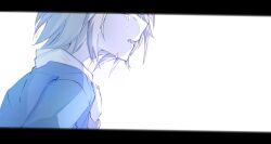  1girl blue_jacket crying eyes_out_of_frame from_side grey_hair hand_on_own_face head_out_of_frame highres hinomori_shiho hood hood_down hoodie jacket letterboxed long_sleeves looking_ahead open_mouth project_sekai short_hair sidelocks solo tears white_background white_hoodie xueming183 