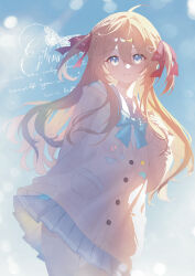  1girl absurdres ahoge aqua_bow aqua_bowtie badge blue_eyes blue_sailor_collar blue_skirt bow bowtie brown_hair button_badge cardigan closed_mouth commentary cowboy_shot hair_between_eyes hair_ornament hair_ribbon heart heart_hair_ornament highres kasoke_308 long_hair long_sleeves looking_at_viewer miniskirt neuro-sama pleated_skirt red_ribbon ribbon sailor_collar skirt smile solo two_side_up vedal_ai virtual_youtuber yellow_cardigan 