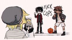  3boys alternate_costume alternate_universe antenna_hair bad_id bad_twitter_id ball bandaid bandaid_on_leg basil_(faraway)_(omori) basil_(omori) basketball_(object) beanie black_eyes black_gloves black_hair black_jacket black_pants black_shoes blonde_hair brown_hair cellphone closed_mouth collared_shirt commentary dark-skinned_male dark_skin denim double-parted_bangs ear_piercing emori expressionless fingerless_gloves gloves grey_hat grey_shirt grin hair_between_eyes hat holding holding_phone jacket jeans jewelry kel_(faraway)_(omori) kel_(omori) letterman_jacket long_sleeves looking_at_another male_focus multiple_boys necklace omori open_clothes open_jacket pants phone piercing profanity selfie_prank sharp_teeth shirt shoes short_hair shorts sidelocks smartphone smile sneakers socks something_(omori) standing sunny_(omori) teeth v white_shorts white_socks yuilu_(yuiluqqq) 