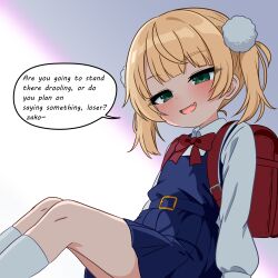  1girl absurdres backpack bag blonde_hair blue_overalls blue_shirt blue_skirt blush bow bowtie collared_shirt commentary english_commentary english_text fang green_eyes hair_ornament hanakaji_(yuuchanto) highres indie_virtual_youtuber looking_at_viewer medium_hair open_mouth overalls pom_pom_(clothes) pom_pom_hair_ornament randoseru red_bag red_bow red_bowtie shigure_ui_(vtuber) shigure_ui_(young)_(vtuber) shirt skin_fang skirt socks solo virtual_youtuber white_shirt white_socks 