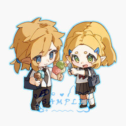  1boy 1girl bag black_necktie black_pants black_sailor_collar black_shoes black_skirt blonde_hair blue_eyes braid chibi chibi_only closed_mouth commentary crown_braid earrings food green_eyes hair_ornament hair_tie hairclip hanyaka holding holding_ice_cream_cone holding_phone ice_cream ice_cream_cone jewelry link low_ponytail medium_hair neckerchief necktie open_mouth pants phone pleated_skirt pointy_ears ponytail princess_zelda red_neckerchief sailor_collar sample_watermark school_uniform shirt shoes short_hair shoulder_bag sidelocks skirt smile socks taking_picture the_legend_of_zelda the_legend_of_zelda:_breath_of_the_wild thick_eyebrows untranslatable_commentary watermark white_background white_shirt white_socks 
