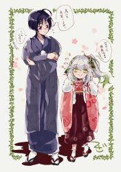  1boy 1girl absurdres ahoge alternate_costume black_eyes black_hair black_kimono black_sandals blunt_ends braid bright_pupils brown_hakama choppy_bangs clenched_hands closed_mouth commentary_request cross-shaped_pupils crossed_arms eyelashes falling_petals floral_background floral_print floral_print_hakama floral_print_kimono floral_print_sleeves flower full_body genshin_impact green_eyes green_hair grey_haori grey_sleeves hair_ornament hakama half_crown_braid hands_on_own_arms hands_up haori_himo height_difference high-waist_skirt highres japanese_clothes kimono leaf leaf_hair_ornament long_hair long_skirt long_sleeves looking_at_another looking_at_viewer multicolored_hair nahida_(genshin_impact) petals pink_flower pink_kimono pink_petals pink_sleeves pleated_skirt pointy_ears print_kimono sandals scaramouche_(genshin_impact) side_ponytail sidelocks skirt smile socks speech_bubble standing streaked_hair symbol-shaped_pupils tabi translation_request tsug_sa white_background white_pupils white_socks wide_sleeves wolf_cut yukata zouri 
