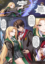  1boy 1girl absurdres black-framed_eyewear black_robe black_skirt black_sweater_vest blonde_hair blush brown_hair collared_shirt commentary_request dasoin diagonal-striped_clothes diagonal-striped_necktie genderswap genderswap_(mtf) glasses green_eyes green_necktie green_robe harry_potter harry_potter_(series) heart highres hogwarts_school_uniform holding holding_wand long_hair looking_at_another malfoid necktie open_mouth red_necktie red_robe robe school_uniform shirt short_hair skirt striped_clothes striped_necktie sweater_vest very_long_hair wand white_shirt wizarding_world 
