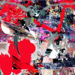  1girl abstract abstract_background absurdres blue_eyes glitch_art hatsune_miku highres hilty looking_at_viewer multiple_views vocaloid 