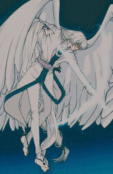  1boy absurdly_long_hair angel angel_wings arm_up arrow_(projectile) bishounen blue_trim bow_(weapon) bow_of_light cardcaptor_sakura coat full_body highres leggings long_hair long_sleeves male_focus outdoors outstretched_arm pikurusu profile sky solo star_(sky) starry_sky stirrup_footwear very_long_hair weapon white_coat white_hair white_leggings white_wings wings yue_(cardcaptor_sakura) 
