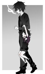  1boy 1girl ^_^ age_difference aged_down andrew_graves ashley_graves black_hair black_overalls black_pants black_shoes black_sweater blush border brother_and_sister cigarette closed_eyes colored_skin commentary full_body gradient_background green_eyes happy highres holding_another's_arm knee_blush melongbeee official_alternate_costume official_alternate_hairstyle open_mouth outside_border overall_shorts overalls pants purple_shirt shirt shoes short_hair siblings smoke smoke_trail socks sweater the_coffin_of_andy_and_leyley untranslatable_commentary white_border white_skin white_socks 