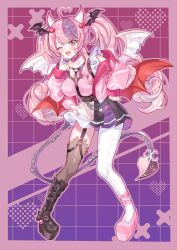  1girl :d ahoge asymmetrical_legwear black_boots black_wings boots breasts chain choker commentary demon_girl demon_horns demon_wings fangs hair_ornament head_wings heart heart_ahoge heart_hair_ornament heart_o-ring heart_ring_choker highres hitoha_koduku horns indie_virtual_youtuber ironmouse ironmouse_(15th_costume) jacket long_hair looking_at_viewer multicolored_hair multiple_wings o-ring o-ring_choker one_eye_closed open_mouth pantyhose pink_choker pink_eyes pink_hair pink_jacket pink_shoes pointy_ears purple_hair red_wings shoes single_thighhigh skirt smile spiked_choker spikes streaked_hair thigh-highs twintails virtual_youtuber white_horns white_pantyhose white_wings wings 