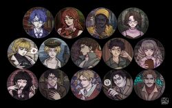  5girls 6+boys abella_(fear_&amp;_hunger) august_(fear_&amp;_hunger) bag bazukat_art black_background black_hair black_vest blonde_hair blood blood_on_face blue_eyes blue_hair blue_ribbon blunt_bangs bookshelf bottle brick_wall brown_bag brown_hair brown_jacket caligura_(fear_&amp;_hunger) candle cigarette closed_mouth collared_shirt daan_(fear_&amp;_hunger) dark_skin drill_hair everyone eyepatch facial_hair fear_&amp;_hunger_(series) fear_&amp;_hunger_2:_termina forest green_eyes green_jacket grey_eyes gun handgun hat henryk_(fear_&amp;_hunger) highres holding holding_bag holding_gun holding_knife holding_weapon holding_wrench jacket karin_(fear_&amp;_hunger) kitchen_knife knife levi_(fear_&amp;_hunger) long_hair marcoh_(fear_&amp;_hunger) marina_(fear_&amp;_hunger) medical_eyepatch multiple_boys multiple_girls multiple_views mushroom mustache nature o'saa_(fear_&amp;_hunger) olivia_(fear_&amp;_hunger) one_eye_closed orange_hair pav_(fear_&amp;_hunger) plant ponytail portrait ribbon samarie_(fear_&amp;_hunger) shirt short_hair skull smile smoking speech_bubble tanaka_(fear_&amp;_hunger) tile_floor tiles tree twin_drills unworn_hat unworn_headwear very_dark_skin very_short_hair vest weapon wooden_wall wrench yellow_eyes yellow_hat 