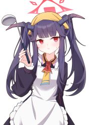  1girl apron black_horns blue_archive commentary_request demon_girl demon_horns fuuka_(blue_archive) fuyuka_natsuki hair_on_horn halo headscarf highres holding holding_ladle horns ladle long_hair long_sleeves purple_hair red_eyes red_halo solo twintails very_long_hair white_apron yellow_headscarf 