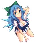  alternate_hair_length alternate_hairstyle arm_support blue_hair bow breasts cirno cleavage from_above hair_bow hand_behind_head kneeling large_breasts long_hair looking_up takahina touhou unbuttoned untied wings 