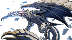  claws commentary_request dragon flying glowing glowing_eyes highres hobak_byeol_satang horns korean_commentary malzeno_(monster_hunter) monster monster_focus monster_hunter_(series) monster_hunter_rise no_humans primordial_malzeno_(monster_hunter) red_eyes sharp_teeth solo tail teeth white_scales wings 