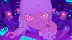  1girl aquarium baseball_cap blue_nails blunt_ends bright_pupils can close-up colored_eyelashes commentary_request computer_keyboard computer_mouse drink_can earrings elbow_on_table fish fisheye green_eyes hair_behind_ear hair_between_eyes hand_on_own_cheek hand_on_own_face hat head_rest highres indoors jewelry long_sleeves looking_at_viewer multicolored_eyes multicolored_hair multiple_rings neon_lights neon_palette open_can parted_lips pink_eyes pink_hair pink_hat ring ringed_eyes single_bare_shoulder single_off_shoulder solo tsukii_(t_s_u_k_i_i) two-tone_eyes two-tone_hair white_hair white_pupils 