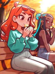 2girls aqua_eyes aqua_sweater autumn_leaves black-framed_eyewear black_hair blue_eyes blue_hair blue_shorts blush breasts closed_mouth crop_top dark-skinned_female dark_skin earrings eating eyeshadow eyewear_on_head food green_eyes hair_bun hair_ornament heart heart_hair_ornament highres holding holding_food hoop_earrings jewelry leaf long_hair long_sleeves makeup midriff multicolored_hair multiple_girls nessa_(pokemon) on_bench open_mouth orange_hair outdoors pants pokemon pokemon_sword_and_shield red_shirt roasted_sweet_potato shirt shorts single_hair_bun sitting sleeveless sleeveless_shirt sonia_(pokemon) sunglasses sweater sweet_potato swept_bangs tsuvida two-tone_hair 