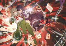  2girls absurdres alternate_costume alternate_universe araga_kiwi artist_request boots bow bowtie card commission double_bun elbow_gloves gem gloves green_boots green_gloves green_skirt grey_hair grin hair_bun high-waist_skirt highres hiiragi_utena holding holding_wand long_hair looking_at_viewer magical_girl mahou_shoujo_ni_akogarete medium_hair multiple_girls open_mouth playing_card pointing pointing_at_viewer purple_boots purple_gloves purple_hair purple_shirt purple_skirt red_bow red_bowtie red_eyes second-party_source shirt short_sleeves skirt smile star-shaped_gem teeth thigh_boots twintails wand white_shirt yellow_eyes yellow_gem 