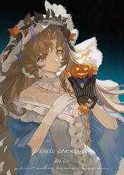  1girl absurdres bare_shoulders black_background blue_background blue_dress brown_eyes brown_hair commission detached_collar dress everecho_(reverse:1999) gradient_background hair_ornament hand_puppet hands_up highres hoo_kangti jack-o'-lantern leaf_hair_ornament long_hair looking_at_viewer off-shoulder_dress off_shoulder official_alternate_costume puppet reverse:1999 smile solo upper_body veil watermark white_veil 