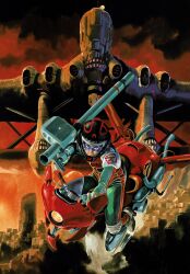  1boy absurdres aircraft airplane helmet highres motor_vehicle non-web_source official_art rocket_launcher scan science_fiction signature space venus_senki weapon yasuhiko_yoshikazu 