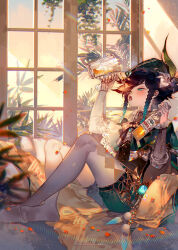  1boy alcohol androgynous aqua_eyes arm_up artist_name bed beer beer_bottle black_hair black_vest blue_hair blush bottle bow bowtie braid brown_bow brown_bowtie buttons capelet collared_shirt commentary_request copyright_name crystal_print flower frills full_body gem genshin_impact glass gradient_hair gradient_sky green_capelet green_gem green_hat green_shorts grey_pantyhose hair_flower hair_ornament half-closed_eyes hands_up hat hat_ornament indoors jewelry kawacy leaf leaf_hat_ornament long_sleeves looking_at_object looking_up male_focus multicolored_hair no_shoes on_bed open_mouth pantyhose pillow pink_sky plant pom_pom_(clothes) shadow shirt short_hair shorts sitting sky solo sparkle striped_bow striped_bowtie striped_clothes sunlight sunset tongue tongue_out trap twin_braids two-tone_hair venti_(genshin_impact) vest vision_(genshin_impact) white_flower white_shirt window yellow_bow yellow_bowtie yellow_sky 