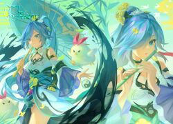  1girl absurdres artist_name bird blue_eyes breasts chinese_clothes commentary dress flute fu_hua fu_hua_(azure_empyrea) hair_over_one_eye high_ponytail highres holding holding_flute holding_instrument holding_umbrella honkai_(series) honkai_impact_3rd instrument jingwei_(bird) long_hair lucas_(lucasng29949052) medium_hair oil-paper_umbrella ponytail small_breasts umbrella very_long_hair white_bird white_dress 