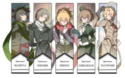  1girl 4boys :d absurdres ahoge arm_behind_back bandaid bandaid_on_face belt black_border black_hair blonde_hair bob_cut book border brown_hair character_name chinese_commentary closed_mouth coat colored_eyelashes commentary_request dress english_text falling_paper floating_hair floating_scarf from_side glasses green_dress green_eyes green_hat green_necktie green_scarf grey_eyes grey_hair grey_sweater grin hair_over_one_eye hat heterochromia highres holding holding_book holding_paper hua_zhi_lun juliet_sleeves librarian librarian_(mamiya) long_hair long_sleeves looking_at_viewer mamiya_yumehisa mini_hat mole mole_under_eye multiple_boys natsume_souichirou neck_ribbon necktie nidome outside_border paper puffy_sleeves red_eyes red_necktie red_scarf ribbon scarf sekai_metsubou_kyouyuu_gensou_mamiya senpai_(mamiya) shirt_tucked_in short_hair smile sparkle sweater trench_coat turning_around upper_body wavy_hair white_background white_scarf 