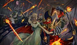  armor cape dancing digimon digimon_(creature) everyone eye_mask hat highres holding looking_at_viewer male_focus mask monster nimadj pirate_costume red_eyes skeleton sword voltobautamon weapon wings 