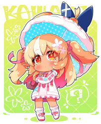  1girl blonde_hair blush bobby_socks boots character_umbrella chibi chibi_only collared_dress commentary_request cross-laced_clothes cross-laced_sleeves dark-skinned_female dark_skin dress elfriend_(shiranui_flare) flower gradient_clothes gradient_dress green_background hair_flower hair_ornament highres holding holding_umbrella hololive jacket long_hair multicolored_hair necktie nokiri official_alternate_costume orange_eyes pink_dress pink_jacket pointy_ears raised_eyebrows red_necktie shiranui_flare shiranui_flare_(hoodie) short_dress sidelocks socks solo streaked_hair two_side_up umbrella virtual_youtuber white_boots white_dress white_flower white_jacket white_socks white_streaks 