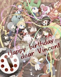  aerith_gainsborough barret_wallace belt belt_buckle birthday black_hair buckle cactuar cait_sith's_moogle cait_sith_(ff7) cape character_doll character_name cid_highwind closed_eyes cloud_strife coffin commentary_request confetti dirge_of_cerberus:_final_fantasy_vii doll fat_chocobo final_fantasy final_fantasy_vii final_fantasy_vii_rebirth final_fantasy_vii_remake gauntlets happy_birthday headband highres long_hair lucrecia_crescent lying moogle msa_mne multiple_belts on_back party_popper red_cape red_headband red_xiii reeve_tuesti sephiroth shelke_the_transparent single_gauntlet tifa_lockhart vincent_valentine yuffie_kisaragi 