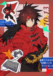  1boy black_hair border cape clawed_gauntlets cloak closed_mouth commentary_request dated fake_claws final_fantasy final_fantasy_vii final_fantasy_vii_rebirth final_fantasy_vii_remake game_console gauntlets grid_background hair_between_eyes headband highres long_hair looking_at_viewer low_poly male_focus multiple_views outside_border playstation_1 red_border red_cape red_cloak red_eyes red_headband single_gauntlet star_klef upper_body vincent_valentine watermark 