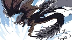  arm_spikes claws commentary_request curled_horns dragon flying highres hobak_byeol_satang horns leg_spikes monster monster_focus monster_hunter:_world monster_hunter_(series) nergigante no_humans open_mouth sharp_teeth signature solo spiked_tail spiked_wings tail teeth yellow_eyes 