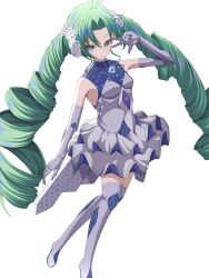  1girl antenna_hair blue_dress boots breasts closed_mouth commentary_request detached_sleeves dress drill_hair duel_masters duel_masters_play's flower gloves green_hair grey_gloves hair_flower hair_ornament highres kiriko_(duel_masters) long_hair looking_at_viewer multicolored_dress parted_bangs pengcake simple_background solo thigh_boots twin_drills v v_over_eye very_long_hair white_background white_dress white_flower 