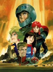  2boys 3girls absurdres blonde_hair brown_hair closed_eyes earrings facing_to_the_side helmet highres jewelry military_uniform missile motor_vehicle multiple_boys multiple_girls non-web_source official_art red_hair scan scarf science_fiction signature space venus_senki yasuhiko_yoshikazu 