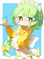  1girl absurdres apron blush blush_spirals blush_stickers braid braided_ponytail chibi chibi_only commentary_request cup flower-shaped_pupils green_eyes green_hair highres holding holding_plate jacket jersey_maid juice korean_commentary long_hair looking_at_viewer maid maid_apron maid_headdress nose_blush orange_juice plate pungsun short_eyebrows simple_background solo symbol-shaped_pupils thigh-highs trickcal ui_(trickcal) unconventional_maid very_long_hair white_thighhighs yellow_jacket 