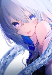  1girl :p alternate_hair_length_(longer) alternate_hairstyle amane_kanata bare_shoulders blue_hair blurry chinese_zodiac colored_inner_hair commentary crossed_bangs depth_of_field double-parted_bangs film_grain grey_hair hair_between_eyes highres hololive multicolored_hair off_shoulder pink_streaks raised_eyebrows simple_background snake solo streaked_hair suikun_(319n.) tongue tongue_out untranslatable_commentary virtual_youtuber year_of_the_snake 