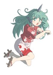  1girl :o ahoge blush buttons cloud_print collared_shirt commentary_request curly_hair full_body geta green_eyes green_hair highres horns inuno_rakugaki kariyushi_shirt komano_aunn long_hair looking_at_viewer messy_hair open_mouth paw_pose red_shirt sandals shirt short_sleeves shorts simple_background single_horn solo thick_eyebrows touhou white_background 