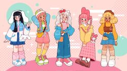  5girls animal_ears arms_behind_head arms_up artist_logo artist_name bag beret black_hair blonde_hair bow braid character_request cheumi collared_shirt commentary dark-skinned_female dark_skin denim denim_skirt english_commentary fake_animal_ears frog full_body handbag hat hello_kitty_(character) highres jacket jeans leg_warmers lips logo long_hair long_sleeves looking_at_viewer mary_janes multiple_girls one_eye_closed orange_shirt pants pink_hair pink_shorts rabbit_ears sanrio shirt shoes shorts skirt sneakers socks standing striped_clothes striped_shirt turtleneck twin_braids twintails v white_hair 