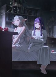 2girls :t =_= absurdres apple bare_shoulders barefoot bed blunt_bangs blunt_ends book bookshelf bright_pupils brushing_another's_hair brushing_hair closed_eyes closed_mouth comb commentary drawer dress earrings elf english_commentary fern_(sousou_no_frieren) food frieren fruit full_body grey_hair hair_down hanging_plant harstor highres holding holding_another's_hair holding_comb indoors jewelry long_hair long_sleeves looking_at_another mirror multiple_girls on_bed open_mouth plant pointy_ears potted_plant pout purple_hair seiza short_eyebrows sitting sleeveless sleeveless_dress slice_of_life sousou_no_frieren teardrop_earrings violet_eyes white_dress white_pupils 
